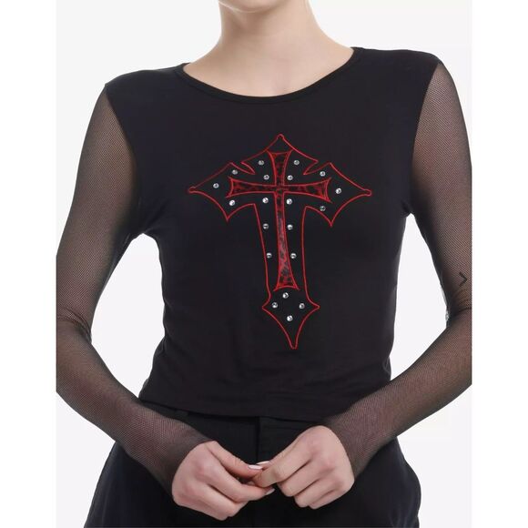 Social Collision Leopard Print Gothic Cross Fishnet Sleeve Top Nwot Medium - Picture 1 of 6